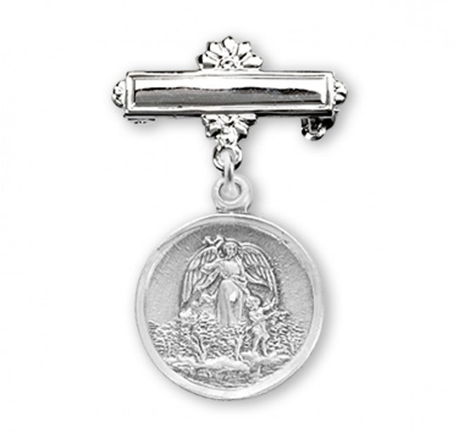 Extel Sterling Silver Baby Guardian Angel Medal on a Bar Pin, Catholic Baptism Gift, Made in USA