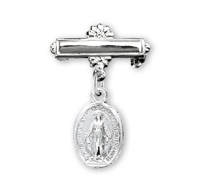Extel Sterling Silver Oval Baby Miraculous Medal on a Bar Pin, Catholic Baptism Gift, Made in USA