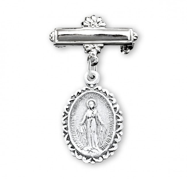 Extel Sterling Silver Oval Fancy Edge Miraculous Baby Medal on a Bar Pin, Catholic Baptism Gift, Made in USA