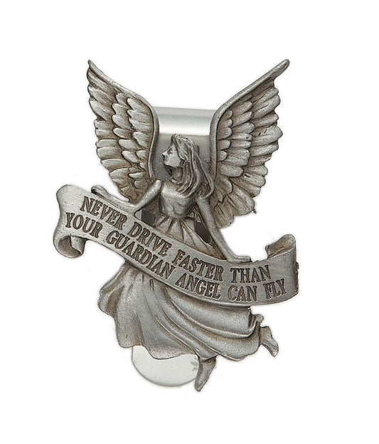 Extel Pewter "Never Drive Faster Than Your Guardian" Angel Sun Visor Clip for Men Women Car Truck