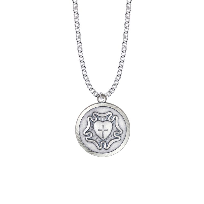 Extel Large Nickel Silver Round Lutheran Rose Medal Pendant for Men with 24" chain