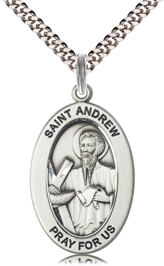 Saint Andrew the Apostle Medal – Catholic Medal of Discipleship & Evangelism – Gift for Men of Faith, Leaders & Spiritual Mentors, Pewter, 24" Curb Chain, Made in USA