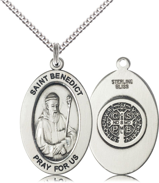 Saint Benedict Medal – Catholic Protection Necklace Against Evil & Spiritual Warfare, Gift of Peace & Safety, Pewter, 18" Curb Chain, Made in USA