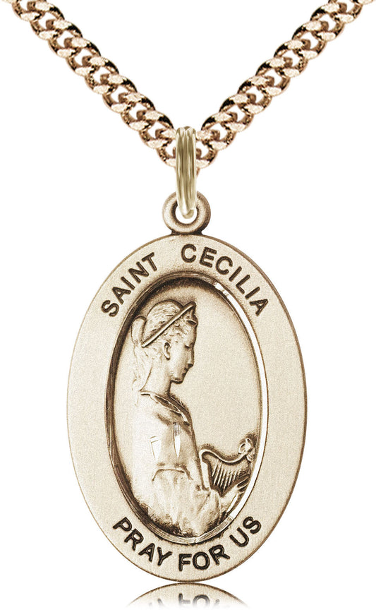 Saint Cecilia Medal – Patron Saint of Music & Choir – Catholic Gift for Musicians, Singers & Artists Seeking Spiritual Inspiration, 14k Yellow Gold Filled, 24" Curb Chain, Made in USA