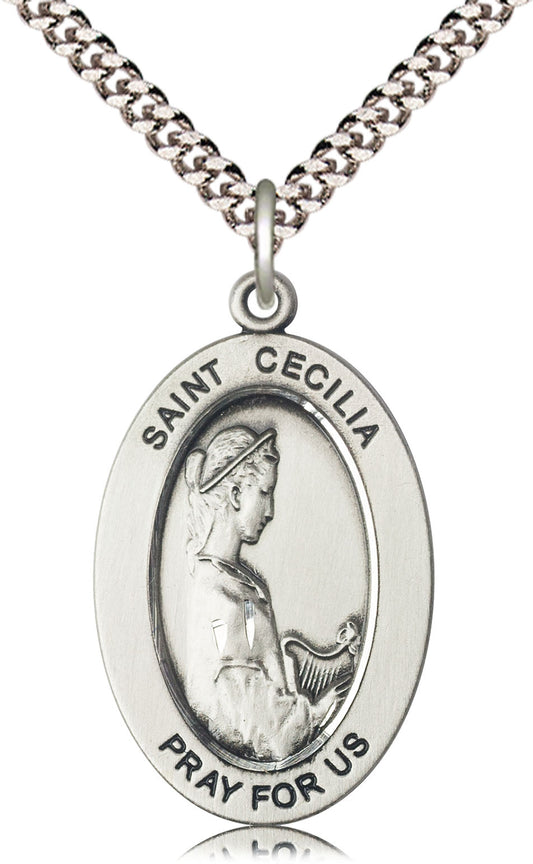 Saint Cecilia Medal – Patron Saint of Music & Choir – Catholic Gift for Musicians, Singers & Artists Seeking Spiritual Inspiration, Sterling Silver, 24" Curb Chain, Made in USA