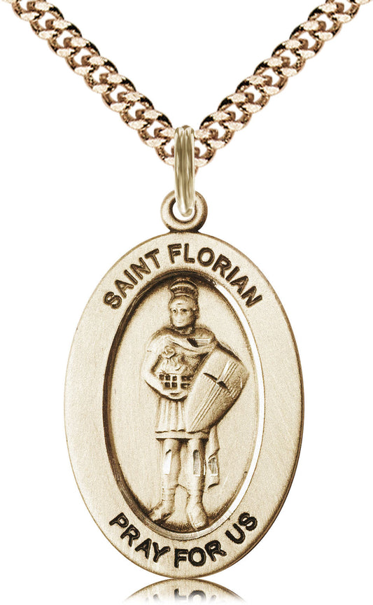 Saint Florian Medal – Patron Saint of Firefighters & First Responders – Catholic Protection Pendant for Bravery & Service, 14k Yellow Gold Filled, 24" Curb Chain, Made in USA