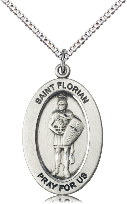 Saint Florian Medal – Patron Saint of Firefighters & First Responders – Catholic Protection Pendant for Bravery & Service, Pewter, 18" Curb Chain, Made in USA