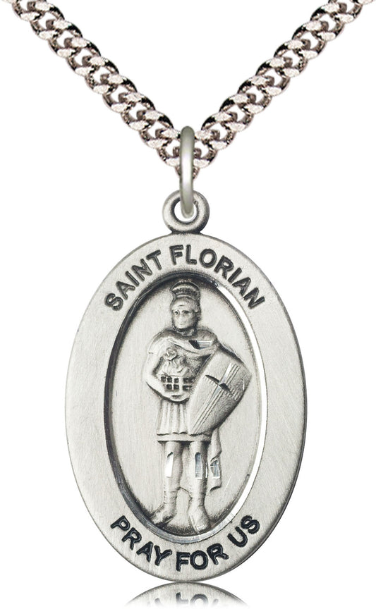 Saint Florian Medal – Patron Saint of Firefighters & First Responders – Catholic Protection Pendant for Bravery & Service, Pewter, 24" Curb Chain, Made in USA