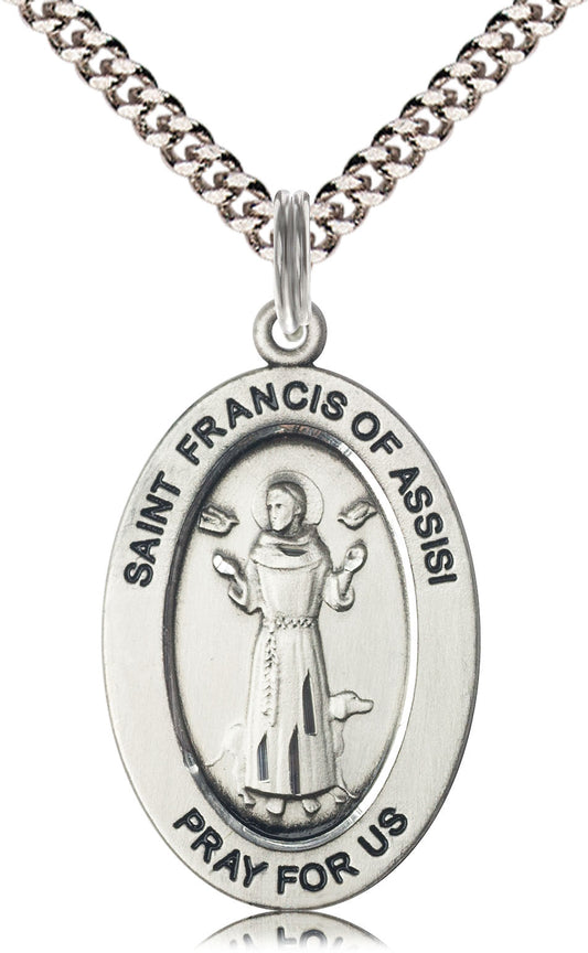 Saint Francis of Assisi Medal – Patron Saint of Animals & Nature – Catholic Jewelry for Animal Lovers, Environmentalists & Pet Blessings, Sterling Silver, 24" Curb Chain, Made in USA