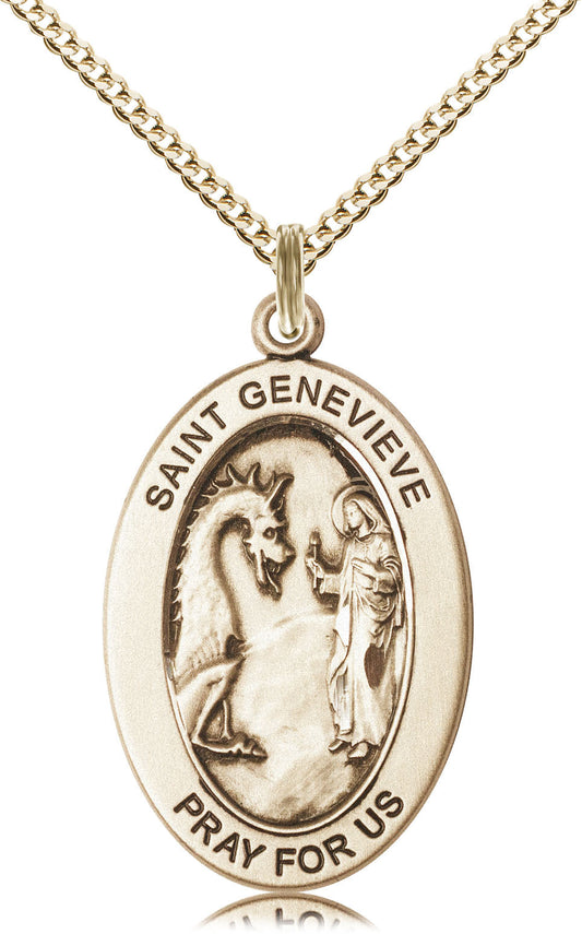 Saint Genevieve Medal – Inspirational Catholic Gift for Women of Faith – Pendant for Protection, Strength & Maternal Love, 14k Yellow Gold Filled, 18" Curb Chain, Made in USA