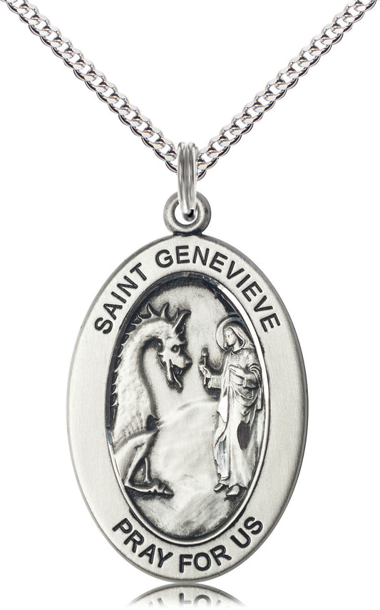 Saint Genevieve Medal – Inspirational Catholic Gift for Women of Faith – Pendant for Protection, Strength & Maternal Love, Pewter, 18" Curb Chain, Made in USA