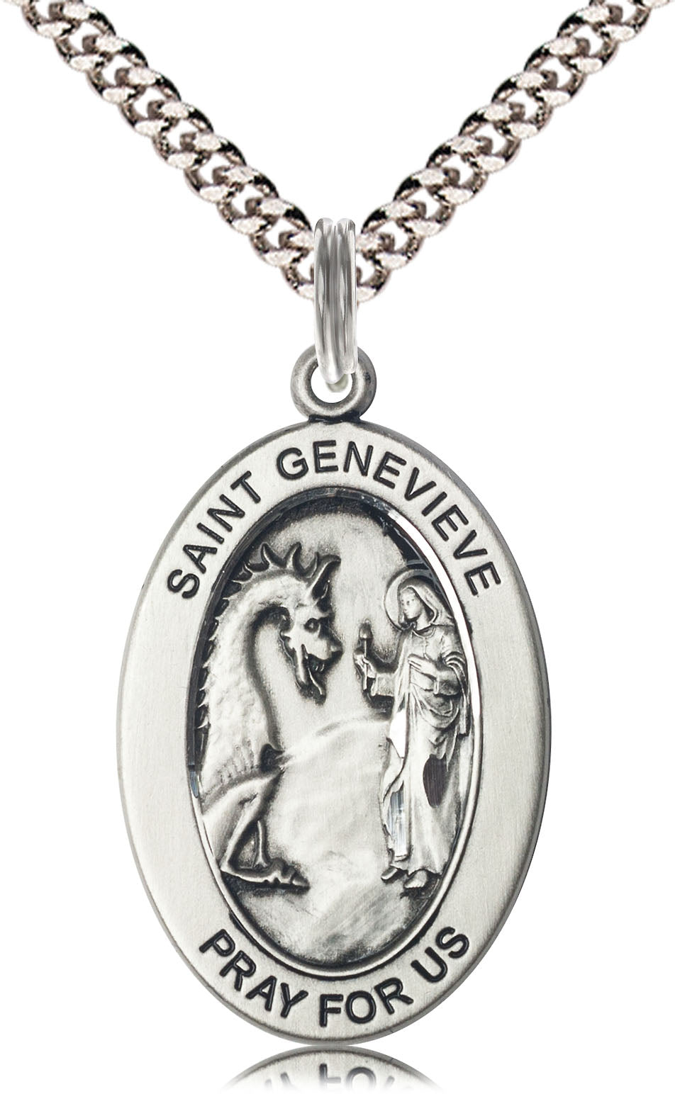 Saint Genevieve Medal – Inspirational Catholic Gift for Women of Faith – Pendant for Protection, Strength & Maternal Love, Sterling Silver, 24" Curb Chain, Made in USA