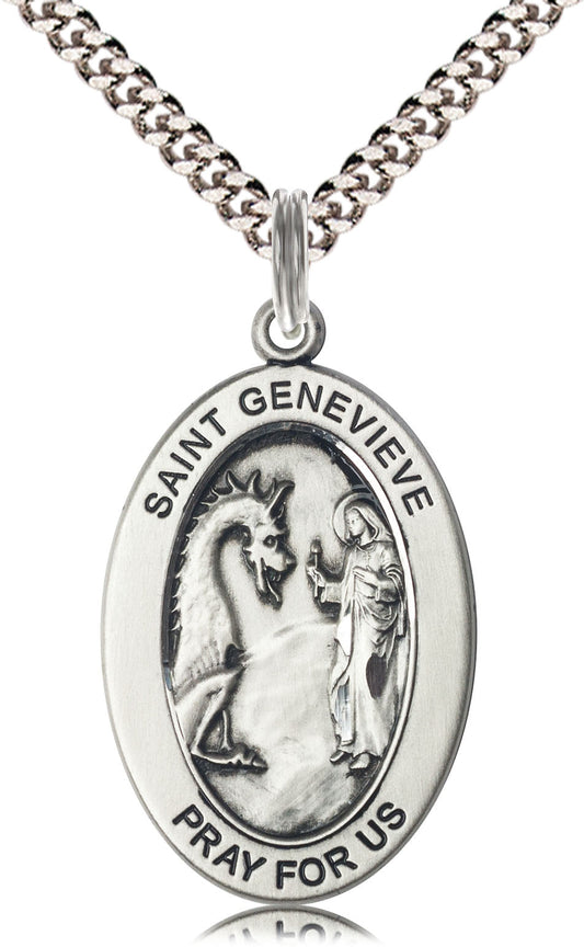 Saint Genevieve Medal – Inspirational Catholic Gift for Women of Faith – Pendant for Protection, Strength & Maternal Love, Sterling Silver, 24" Curb Chain, Made in USA