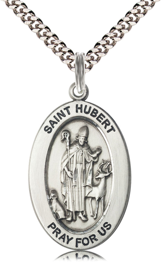 Saint Hubert Medal – Patron Saint of Hunters & Animal Disease Protection – Catholic Gift for Outdoorsmen, Forest Workers & Pet Owners, Sterling Silver, 24" Curb Chain, Made in USA