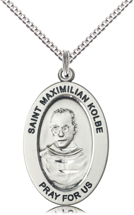 Saint Maximilian Kolbe Medal – Catholic Pendant of Sacrificial Love – Inspirational Gift for Fathers & Men of Faith, Sterling Silver, 18" Curb Chain, Made in USA