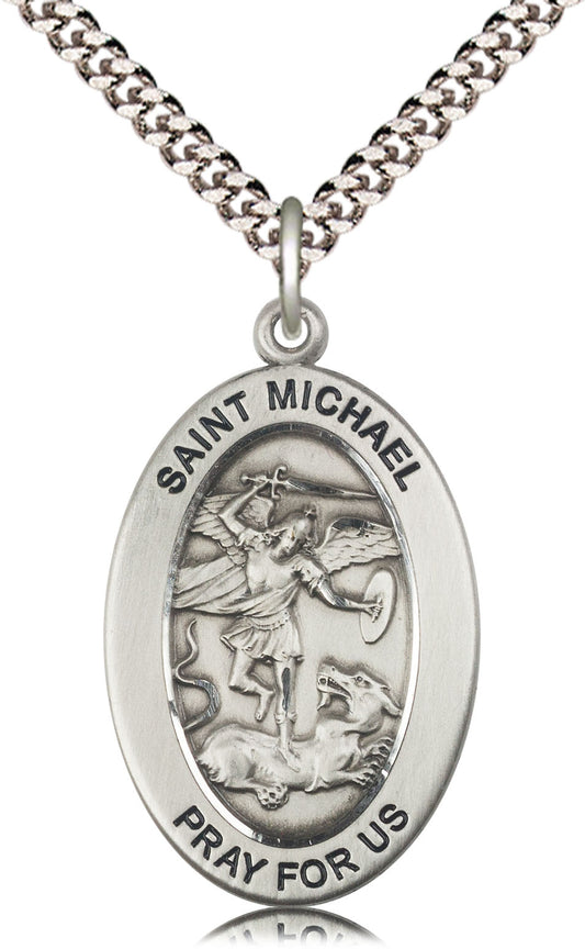Saint Michael the Archangel Medal – Catholic Protection Pendant for Warriors, First Responders & Soldiers – Spiritual Defender in Spiritual Warfare, Sterling Silver, 24" Curb Chain, Made in USA