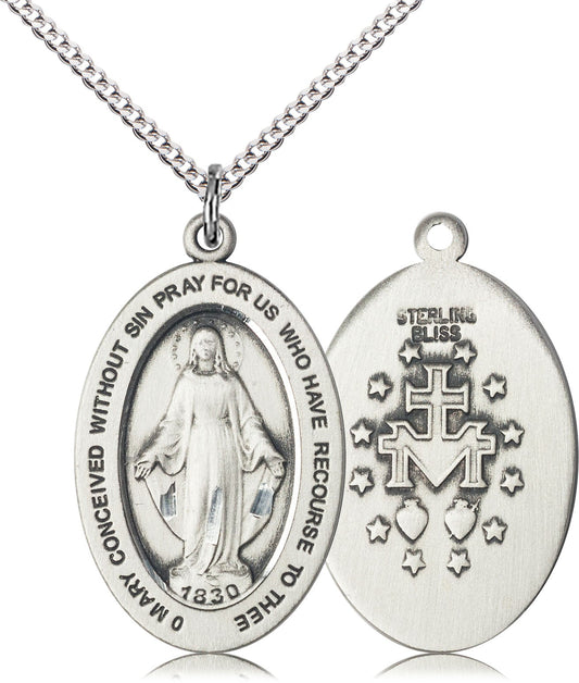 Miraculous Medal – Catholic Devotional Necklace of Mary’s Grace & Protection, Sterling Silver, 18" Curb Chain, Made in USA
