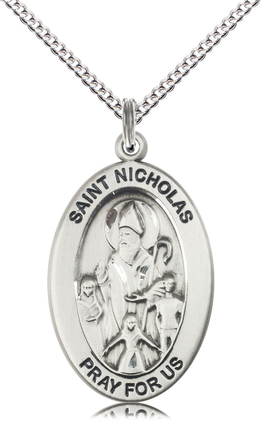 Saint Nicholas Medal – Patron Saint of Protection & Generosity – Ideal Catholic Gift for First Responders, Families & Guardians, Sterling Silver, 18" Curb Chain, Made in USA