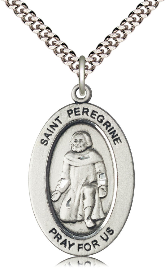 Saint Peregrine Medal – Patron Saint of Cancer Patients, Healing Medal of Strength & Hope for the Sick, Pewter, 24" Curb Chain, Made in USA