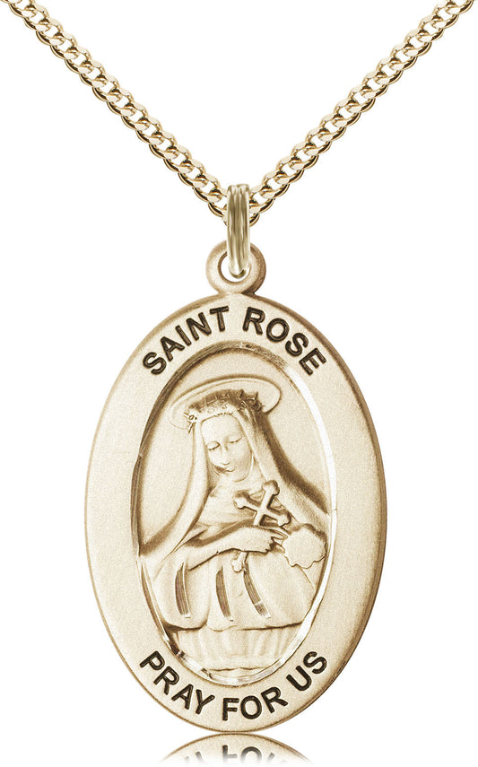 Saint Rose of Lima Medal – Catholic Jewelry for Women of Faith & Inner Strength – Patron Saint of Perseverance in Adversity, 14k Yellow Gold Filled, 18" Curb Chain, Made in USA