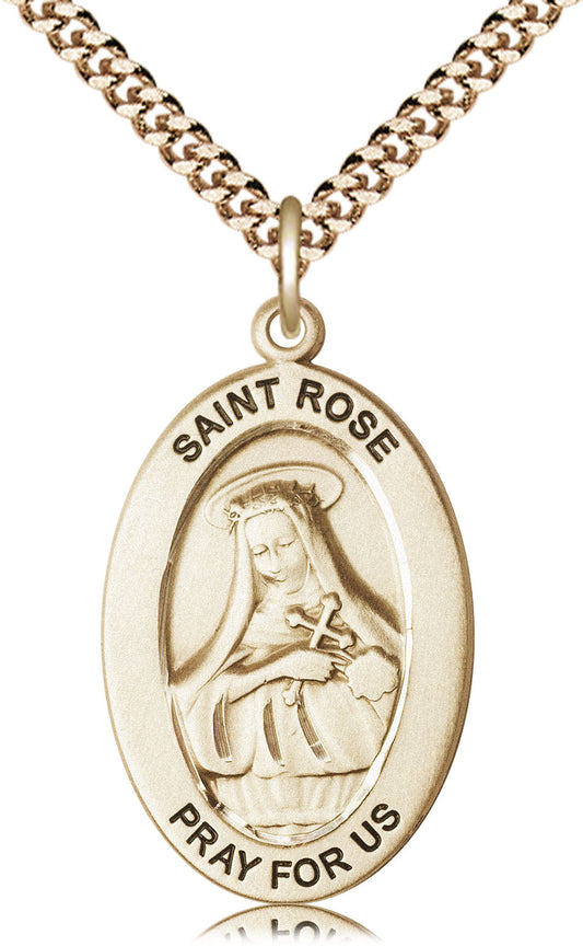 Saint Rose of Lima Medal – Catholic Jewelry for Women of Faith & Inner Strength – Patron Saint of Perseverance in Adversity, 14k Yellow Gold Filled, 24" Curb Chain, Made in USA