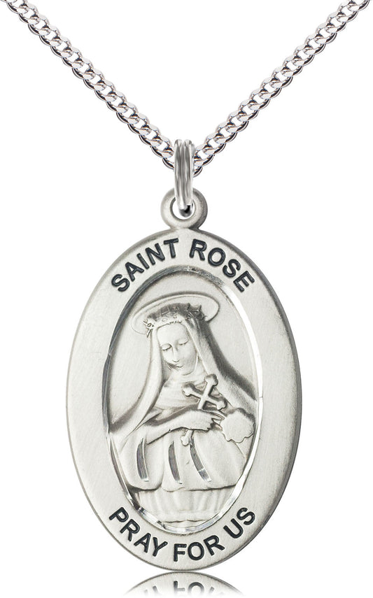 Saint Rose of Lima Medal – Catholic Jewelry for Women of Faith & Inner Strength – Patron Saint of Perseverance in Adversity, Pewter, 18" Curb Chain, Made in USA