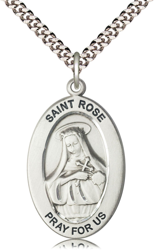 Saint Rose of Lima Medal – Catholic Jewelry for Women of Faith & Inner Strength – Patron Saint of Perseverance in Adversity, Pewter, 24" Curb Chain, Made in USA