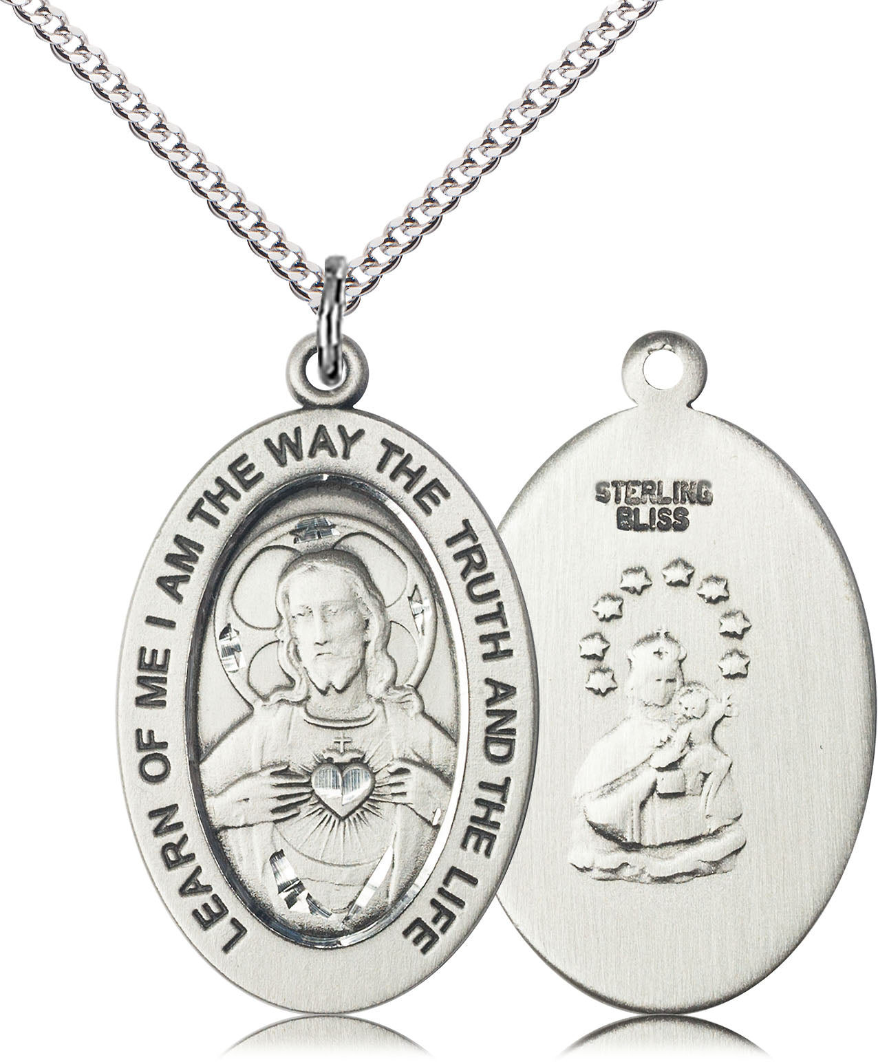 Extel Large Oval Sterling Silver Scapular Medal Pendant with 18" Chain, Made in USA, Catholic Gift