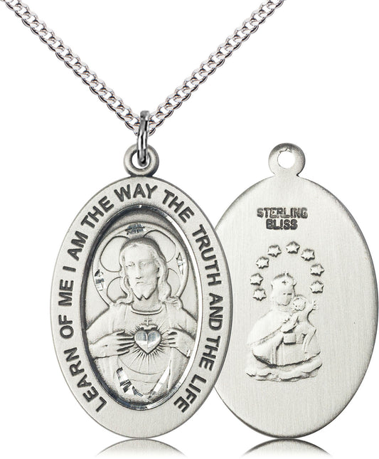 Extel Large Oval Sterling Silver Scapular Medal Pendant with 18" Chain, Made in USA, Catholic Gift