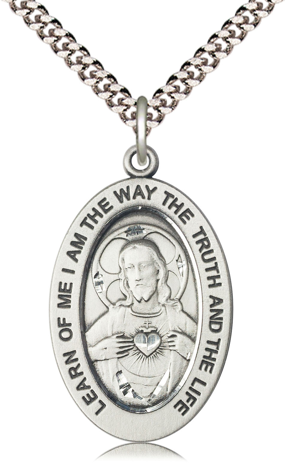 Extel Large Oval Pewter Scapular Medal Pendant with 24" Chain, Made in USA, Catholic Gift