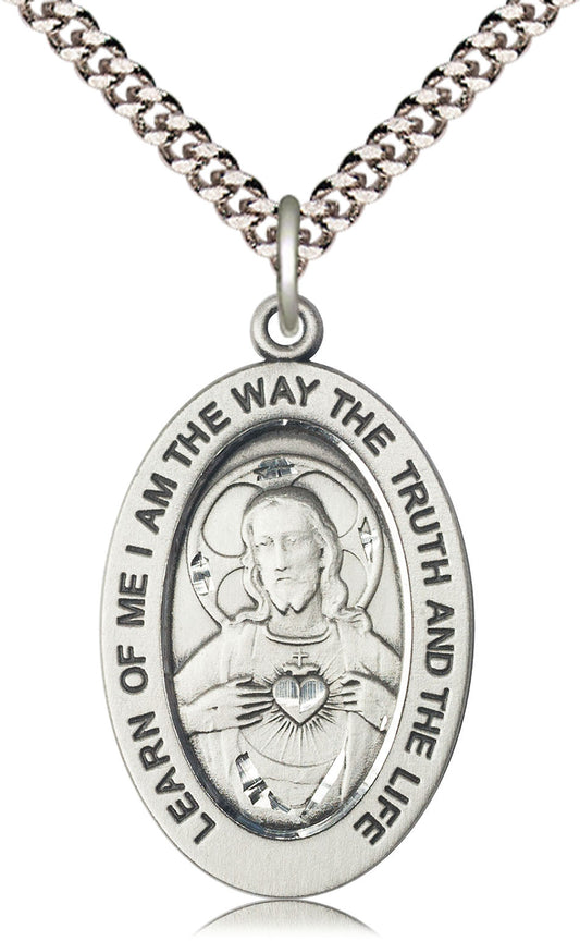 Extel Large Oval Pewter Scapular Medal Pendant with 24" Chain, Made in USA, Catholic Gift