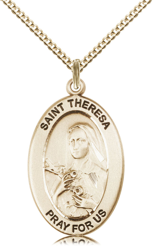 Saint Theresa the Little Flower Medal – Catholic Pendant for Women of Faith – Simple Acts of Love & Trust in God’s Plan, 14k Yellow Gold Filled, 18" Curb Chain, Made in USA