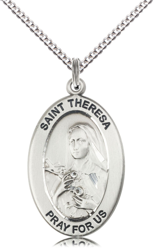 Saint Theresa the Little Flower Medal – Catholic Pendant for Women of Faith – Simple Acts of Love & Trust in God’s Plan, Sterling Silver, 18" Curb Chain, Made in USA