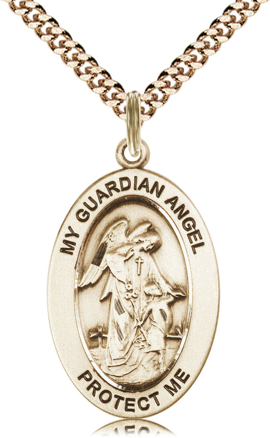 Guardian Angel Medal – Catholic Protection Jewelry for First Responders, Military & Children – Spiritual Gift for Safety, Comfort & Divine Guidance, 14k Yellow Gold Filled, 24" Curb Chain, Made in USA