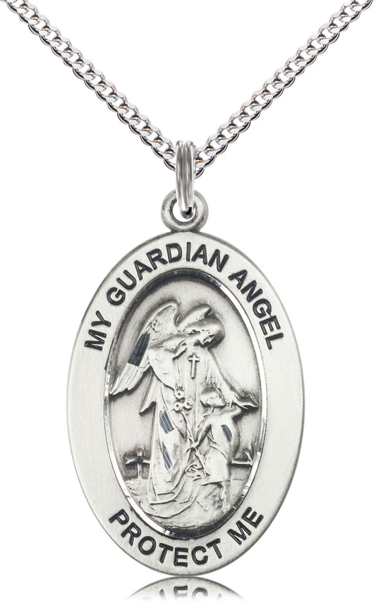 Guardian Angel Medal – Catholic Protection Jewelry for First Responders, Military & Children – Spiritual Gift for Safety, Comfort & Divine Guidance, Pewter, 18" Curb Chain, Made in USA