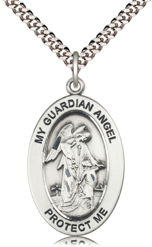Guardian Angel Medal – Catholic Protection Jewelry for First Responders, Military & Children – Spiritual Gift for Safety, Comfort & Divine Guidance, Pewter, 24" Curb Chain, Made in USA