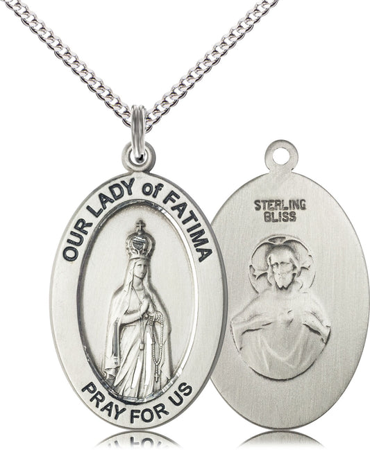 Extel Large Oval Pewter Our Lady of Fatima Medal Pendant with 18" Chain, Made in USA,  Catholic Confirmation, First Communion, RCIA Gift