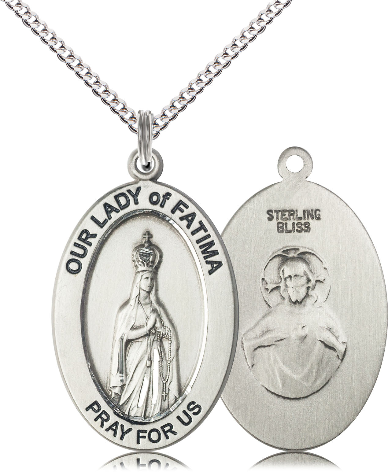 Extel Large Oval Sterling Silver Our Lady of Fatima Medal Pendant with 18" Chain, Made in USA,  Catholic Confirmation, First Communion, RCIA Gift