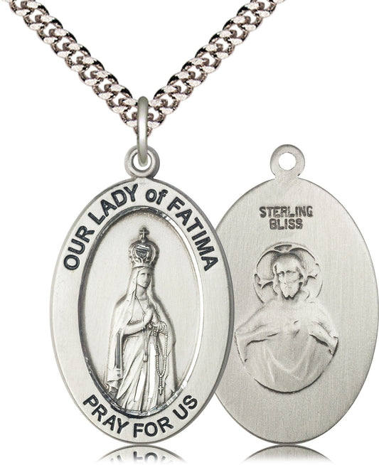 Extel Large Oval Pewter Silver Our Lady of Fatima Medal Pendant with 24" Chain, Made in USA,  Catholic Confirmation, First Communion, RCIA Gift