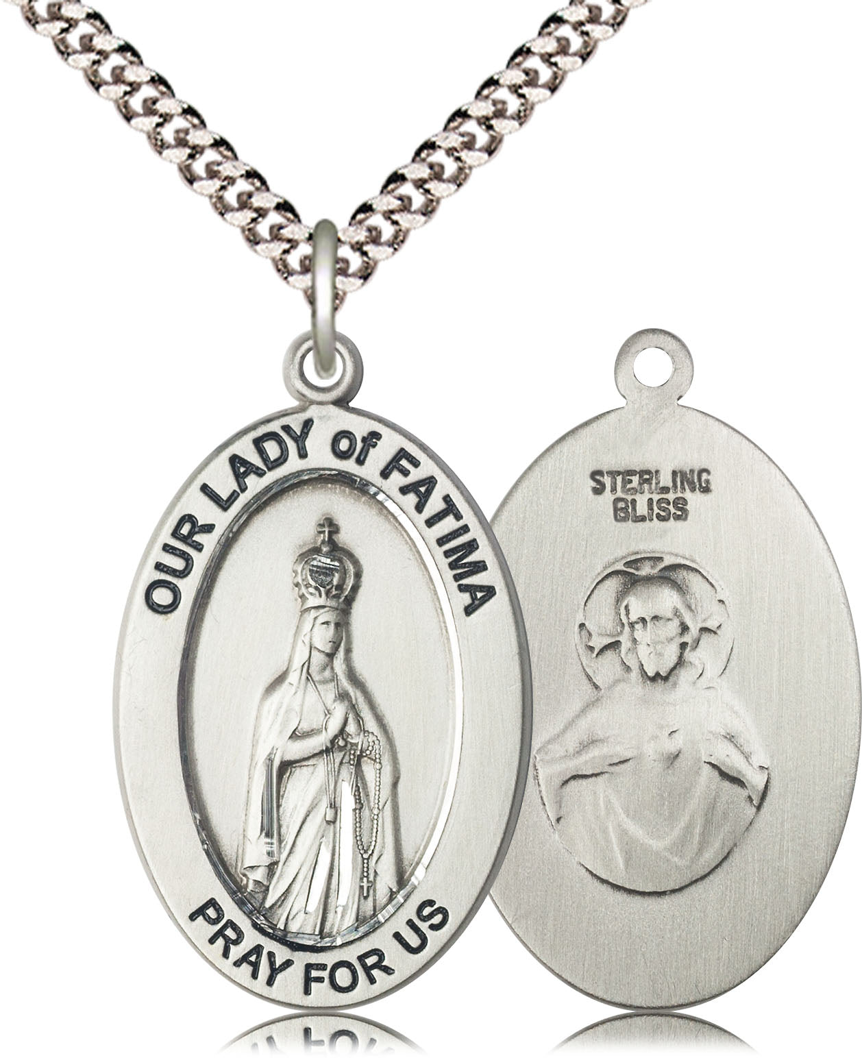 Extel Large Oval Sterling Silver Our Lady of Fatima Medal Pendant with 24" Chain, Made in USA,  Catholic Confirmation, First Communion, RCIA Gift