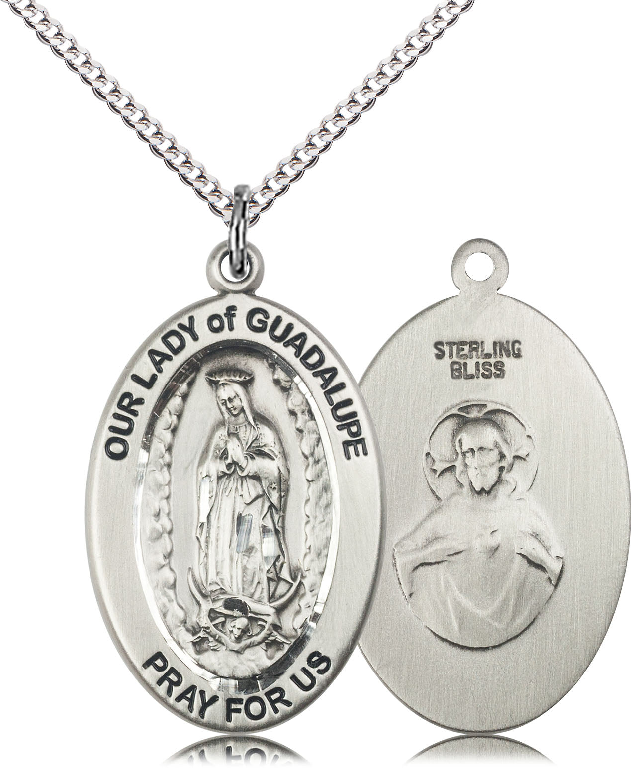 Extel Large Oval Sterling Silver Our Lady of Guadalupe Medal Pendant with 18" Chain, Made in USA,  Catholic Confirmation, First Communion, RCIA Gift