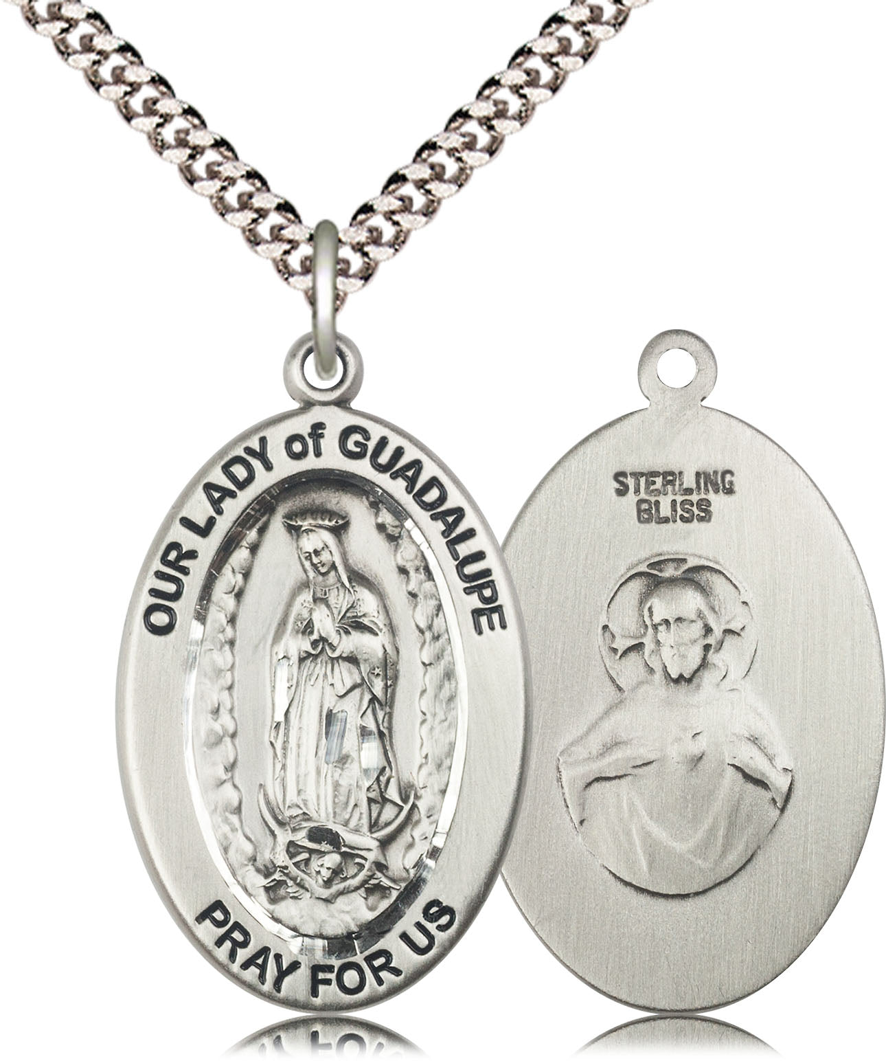 Extel Large Oval Sterling Silver Our Lady of Guadalupe Medal Pendant with 24" Chain, Made in USA,  Catholic Confirmation, First Communion, RCIA Gift