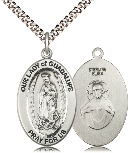 Extel Large Oval Pewter Our Lady of Guadalupe Medal Pendant with 24" Chain, Made in USA,  Catholic Confirmation, First Communion, RCIA Gift