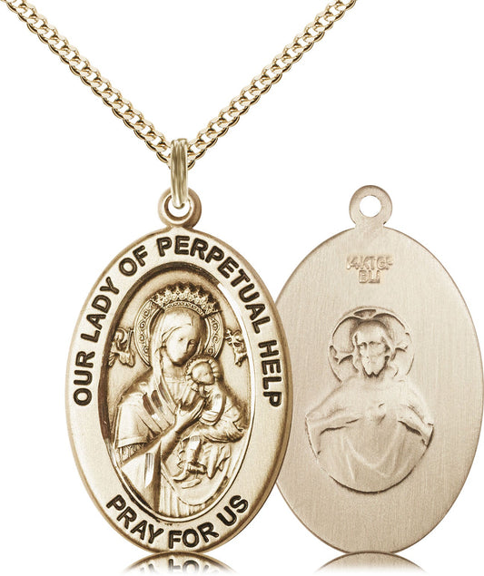 Extel Large Oval 14kt Gold Filled Our Lady of Perpetual Help Medal Pendant with 18" Chain, Made in USA,  Catholic Confirmation, First Communion, RCIA Gift