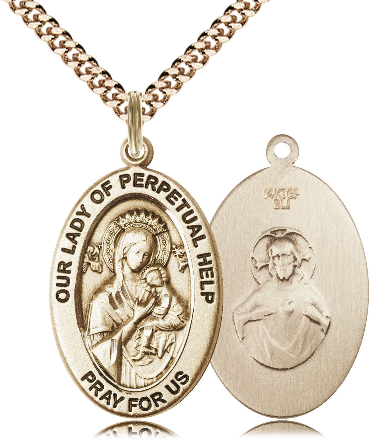 Extel Large Oval 14kt Gold Filled Our Lady of Perpetual Help Medal Pendant with 24" Chain, Made in USA,  Catholic Confirmation, First Communion, RCIA Gift