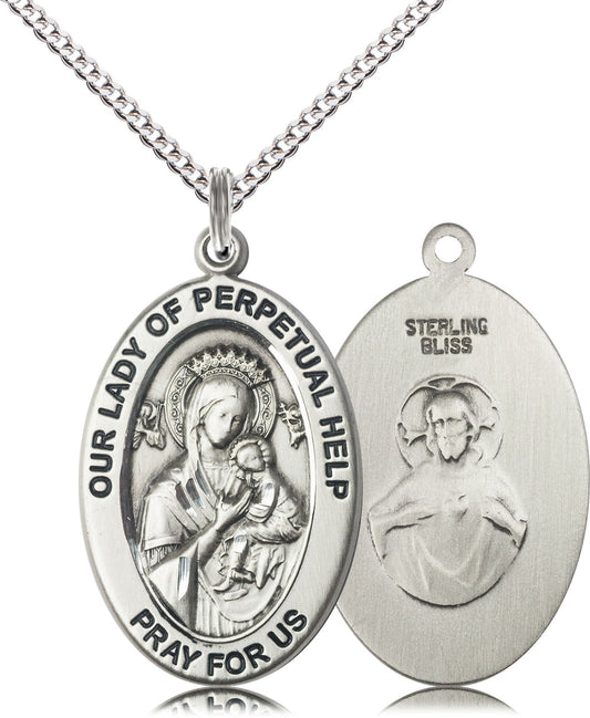 Extel Large Oval Sterling Silver Our Lady of Perpetual Help Medal Pendant with 18" Chain, Made in USA,  Catholic Confirmation, First Communion, RCIA Gift