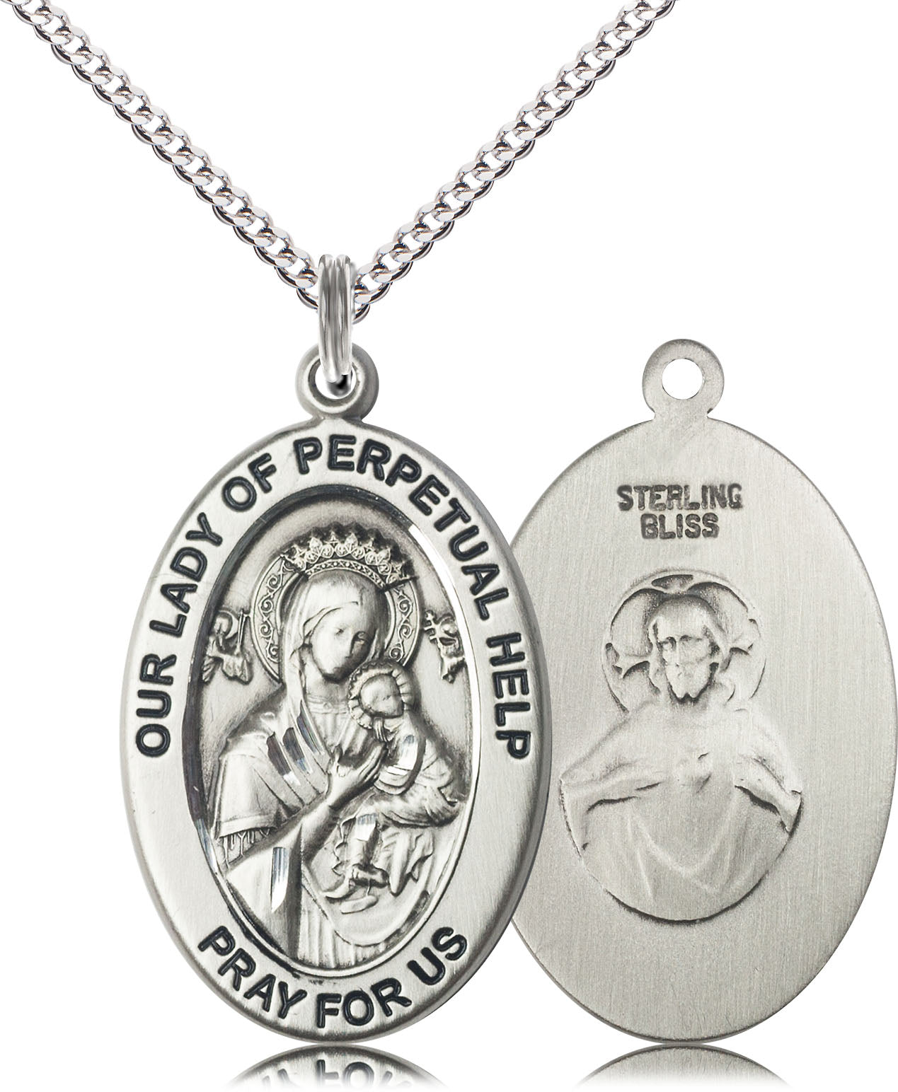 Extel Large Oval Pewter Our Lady of Perpetual Help Medal Pendant with 18" Chain, Made in USA,  Catholic Confirmation, First Communion, RCIA Gift