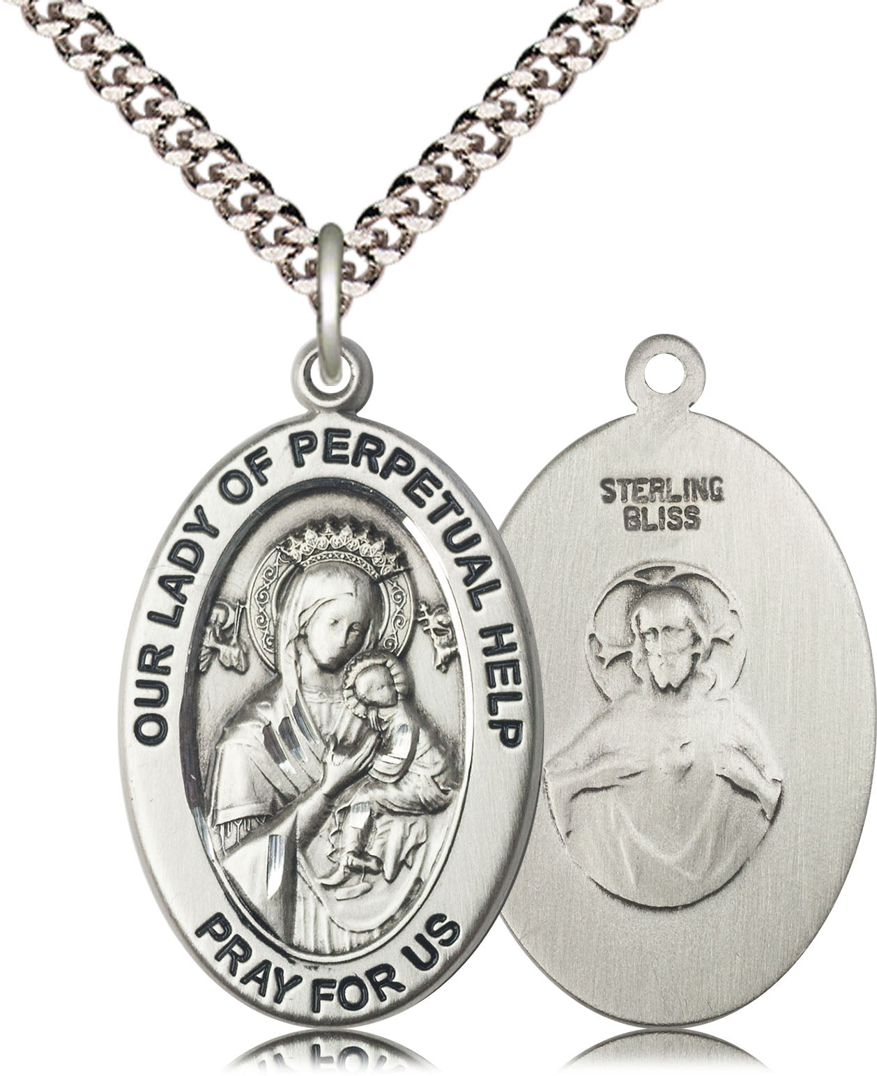 Extel Large Oval Sterling Silver Our Lady of Perpetual Help Medal Pendant with 24" Chain, Made in USA,  Catholic Confirmation, First Communion, RCIA Gift