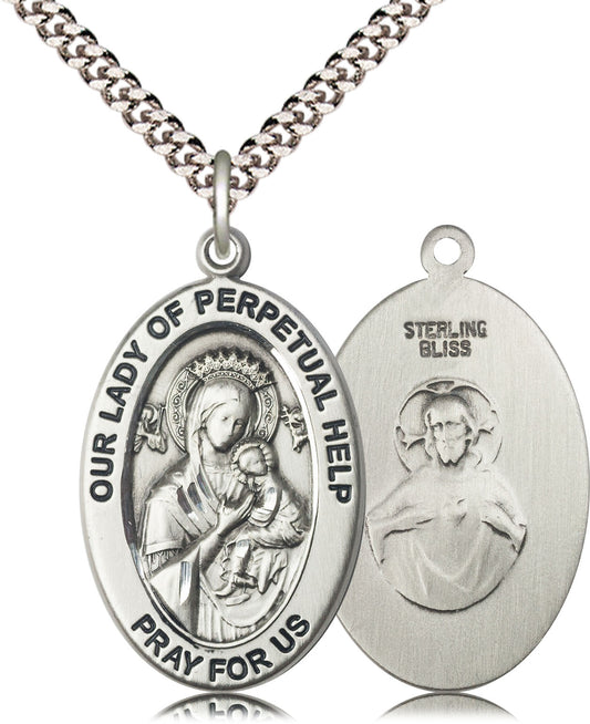 Extel Large Oval Sterling Silver Our Lady of Perpetual Help Medal Pendant with 24" Chain, Made in USA,  Catholic Confirmation, First Communion, RCIA Gift