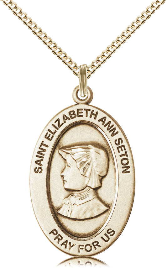 Extel Large Oval 14kt Gold Filled Saint Elizabeth Ann Seton Medal Pendant with 18" Chain, Made in USA, Custom Personalized Engraveable Catholic Confirmation, First Communion, RCIA Gift